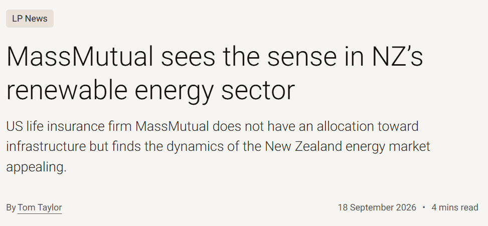 Infrastructure Investor coverage of MassMutual's investment in New Zealand renewable energy